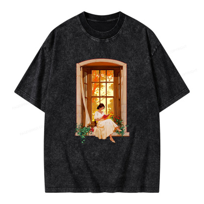 Pagewings Book Lovers Reading By The Window  Unisex Washed T-shirt