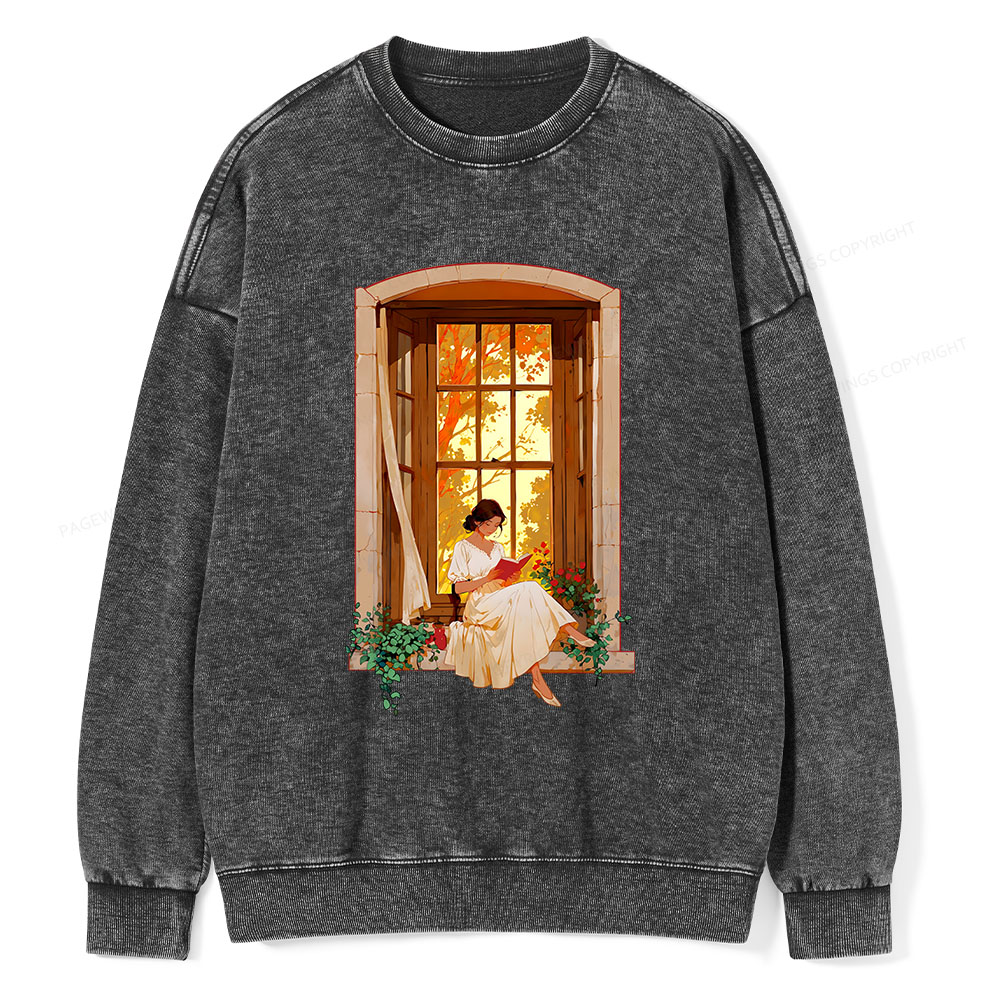 Pagewings Book Lovers Reading By The Window Unisex Washed Sweatshirt