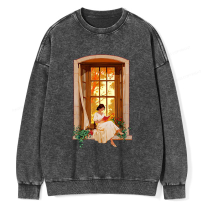 Pagewings Book Lovers Reading By The Window Unisex Washed Sweatshirt