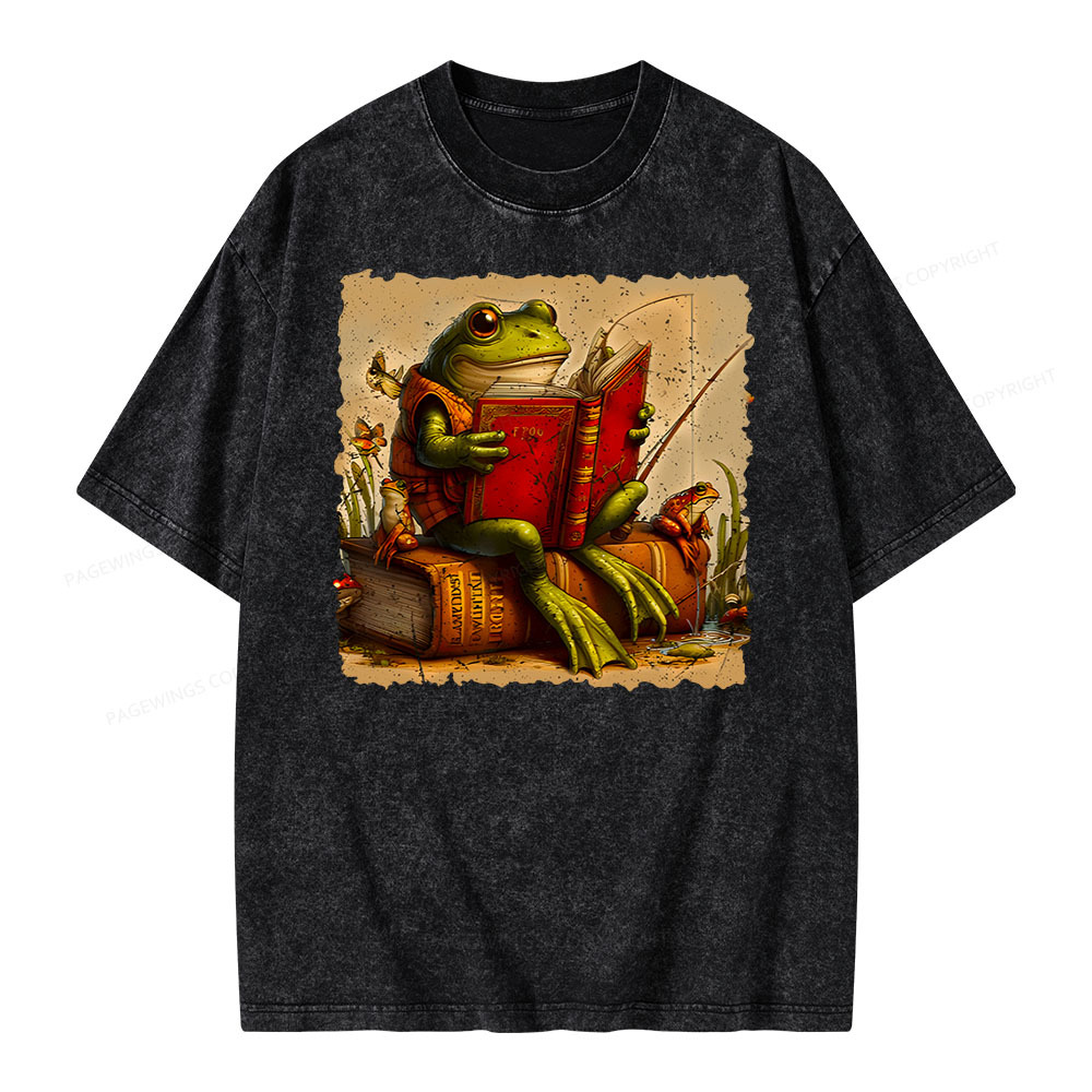 Pagewings Toad Fishing Book Reading Book Unisex Washed T-shirt