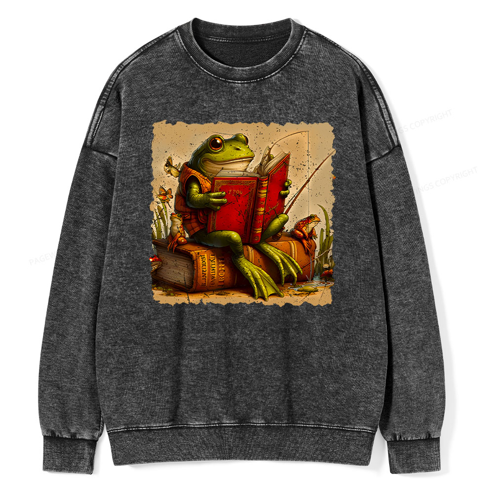 Pagewings Toad Fishing Book Reading Book Unisex Washed Sweatshirt