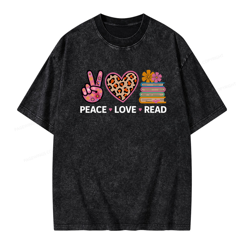 Pagewings Peace Love Read World Book Day Unisex Washed T-shirt