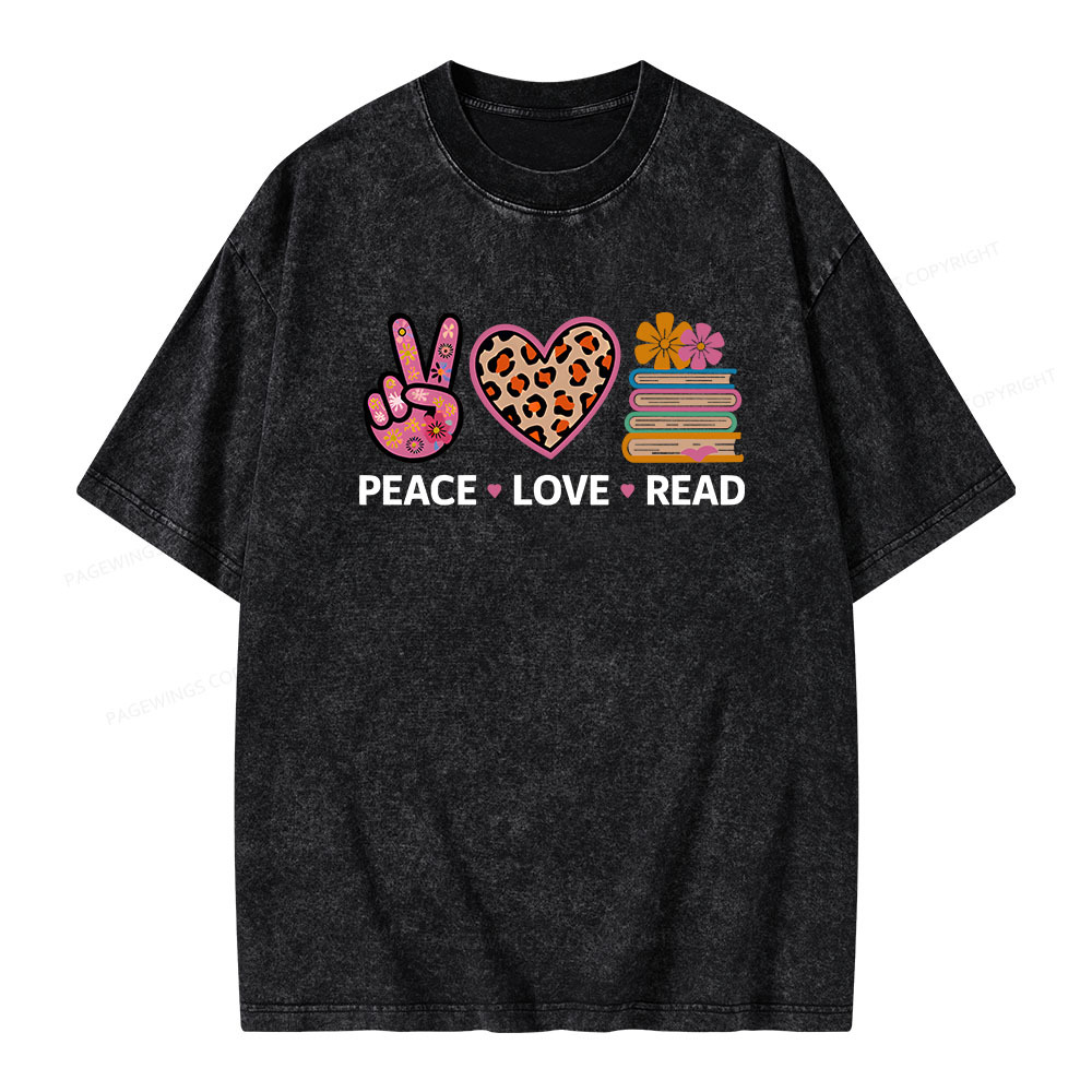 Pagewings Peace Love Read World Book Day Unisex Washed T-shirt