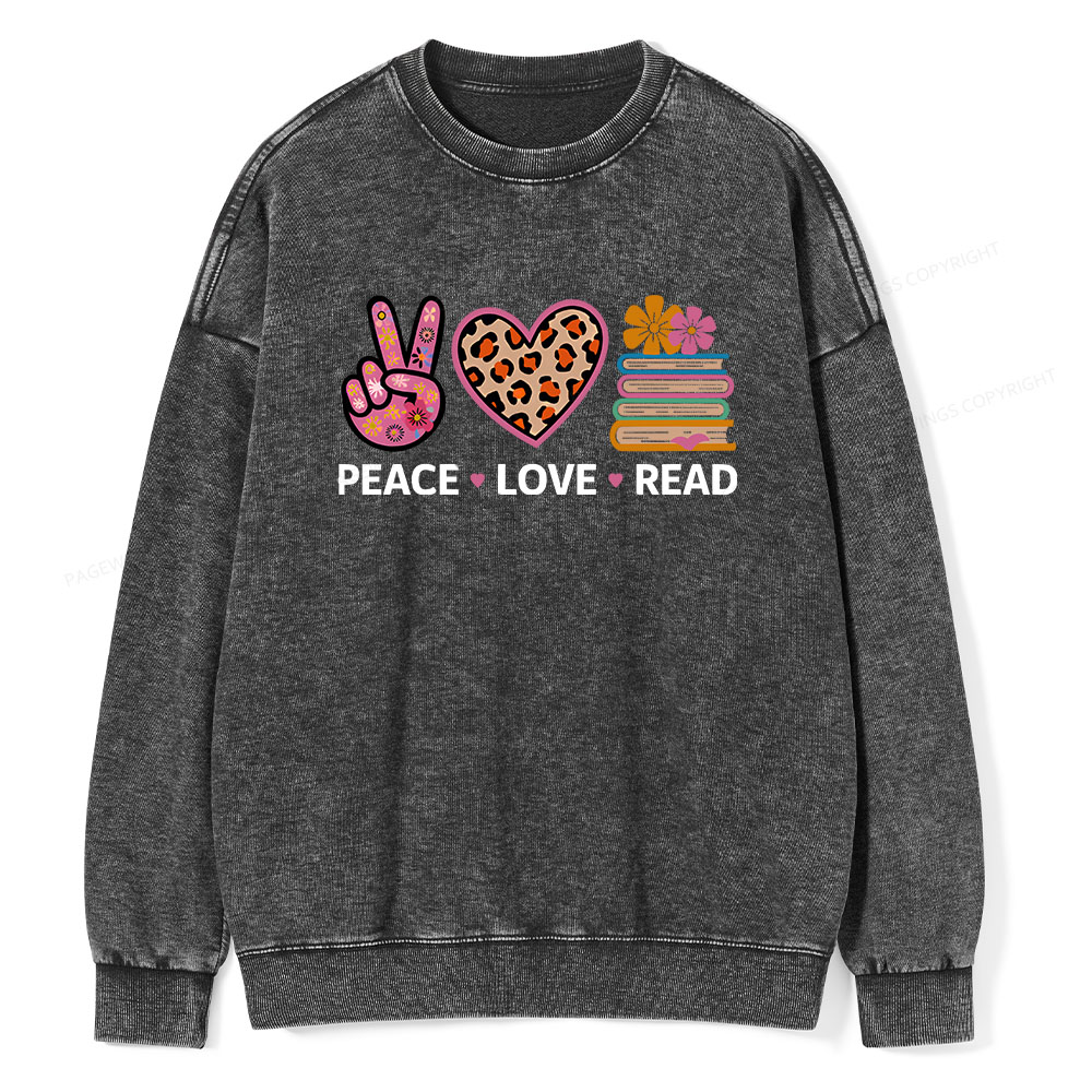 Pagewings Peace Love Read World Book Day Unisex Washed Sweatshirt