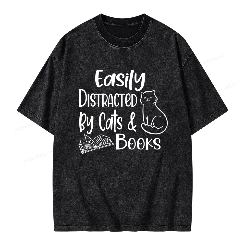 Pagewings Easily Distracted By Cats And Books Unisex Washed T-shirt