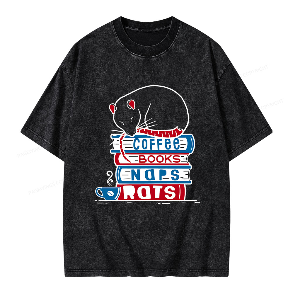 Pagewings Coffee Books Naps Rats Unisex Washed T-shirt