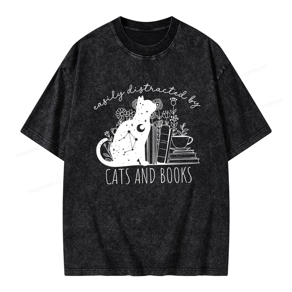 Pagewings Easily Distracted By Cats And Books Unisex Washed T-shirt