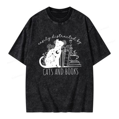 Pagewings Easily Distracted By Cats And Books Unisex Washed T-shirt