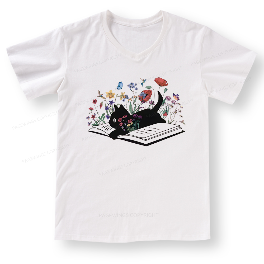 Pagewings Cute Book Cat V-neck T-shirt 