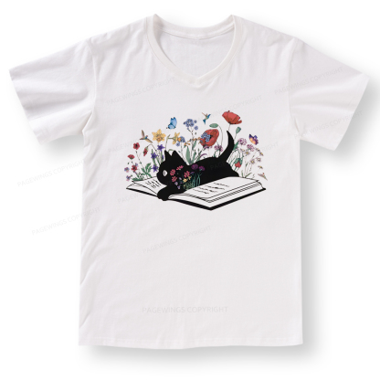 Pagewings Cute Book Cat V-neck T-shirt 