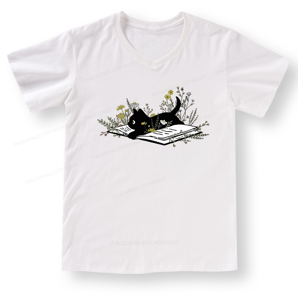 Pagewings Cute Book Cat V-neck T-shirt 