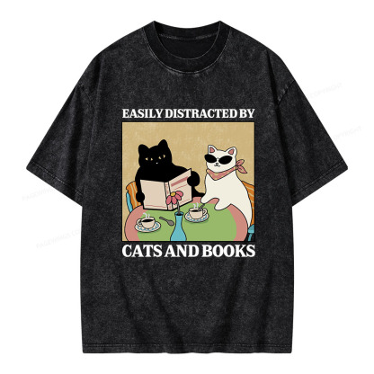 Pagewings Cats And Books Unisex Washed T-shirt