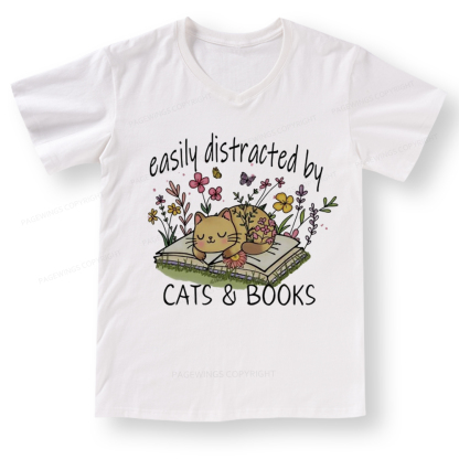Pagewings Easily Distracted By Cats And Books V-neck T-shirt