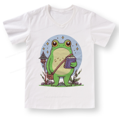 Pagewings Frog Reading Book V-neck T-shirt 
