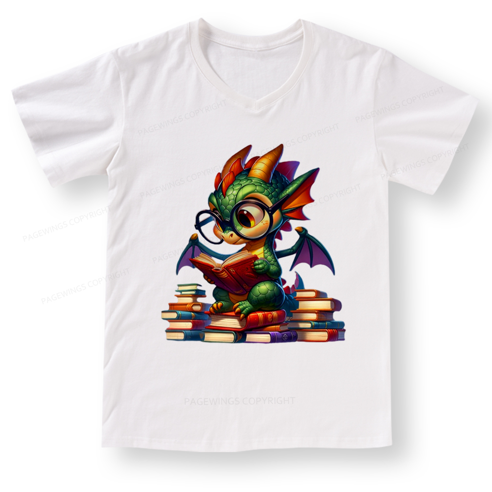 Pagewings Dragon And Books V-neck T-shirt