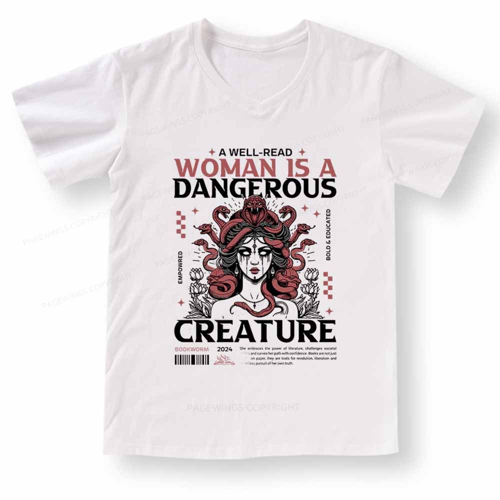 Pagewings A Well-Read Woman is A Dangerous Creature V-neck T-shirt