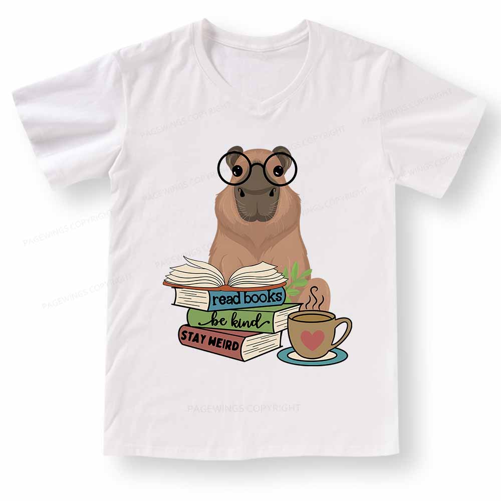 Pagewings Capybara Reading V-neck T-shirt