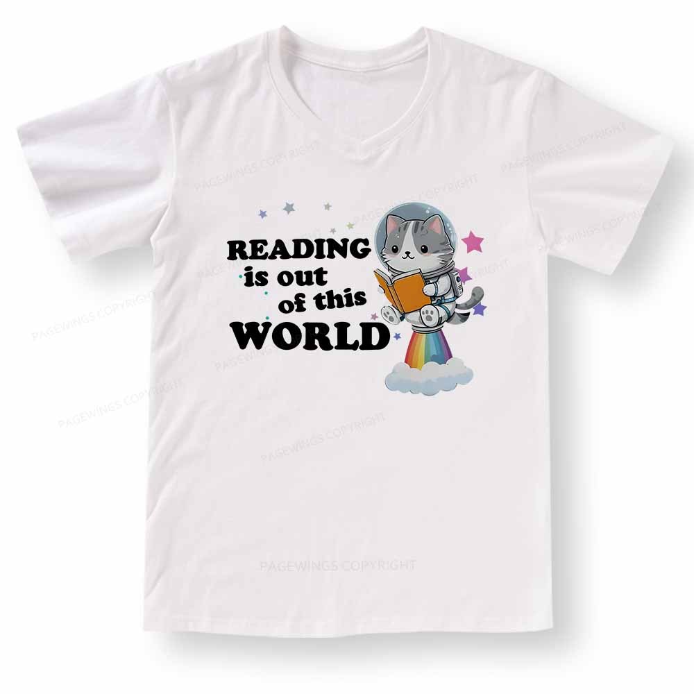 Pagewings Cat Reading in Space V-neck T-shirt