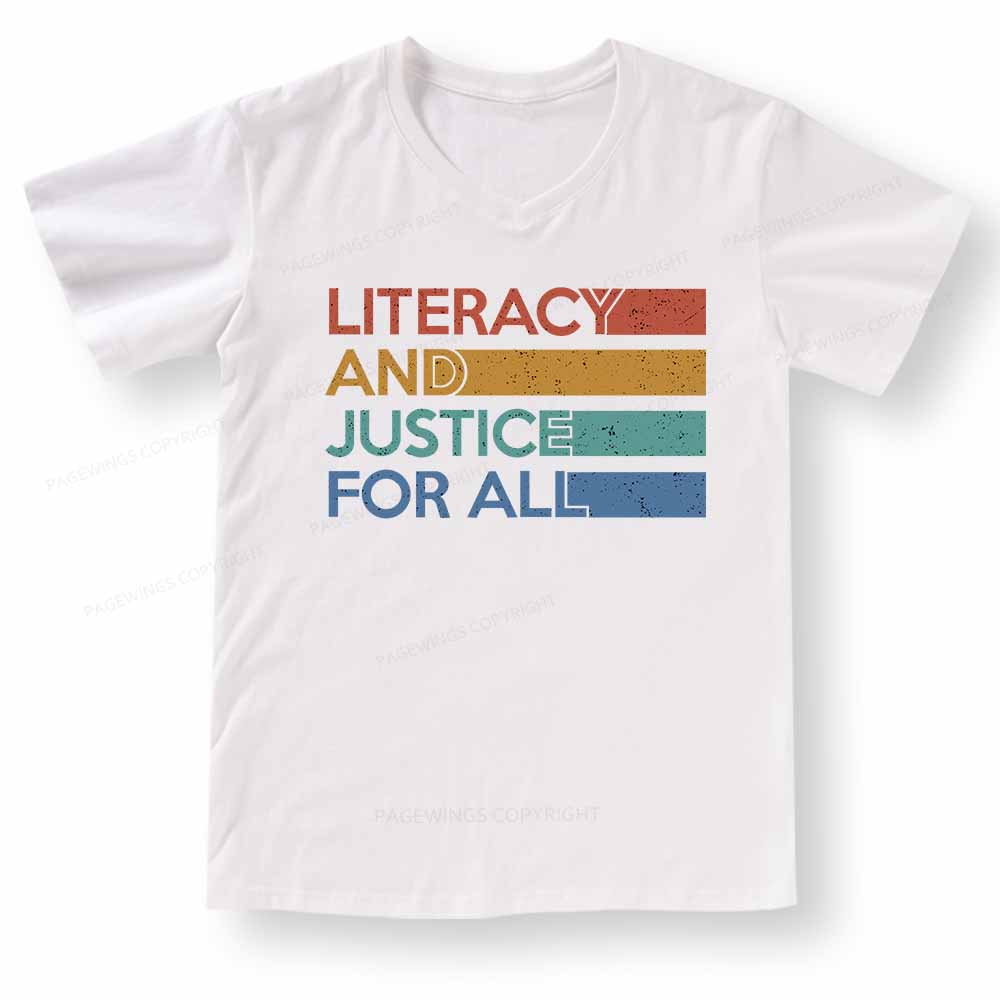 Pagewings Literacy and Justice For All V-neck T-shirt 