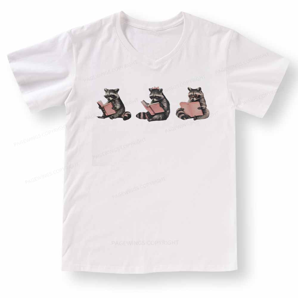 Pagewings Funny Raccoon Bookish Gift V-neck T-shirt