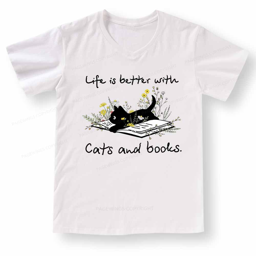 Pagewings Life Is Better With Cats And Books V-neck T-shirt
