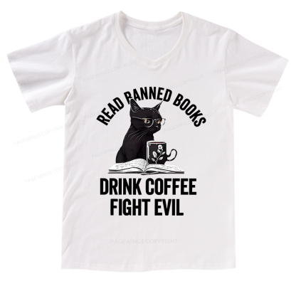 Pagewings Read Books Drink Coffee Fight Evil Shirt V-neck T-shirt