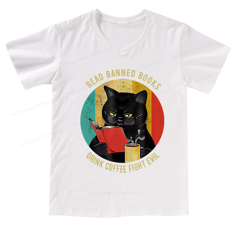 Pagewings Read Banned Books Drink Coffee Fight Evil Retro Cat Lovers V-neck T-shirt