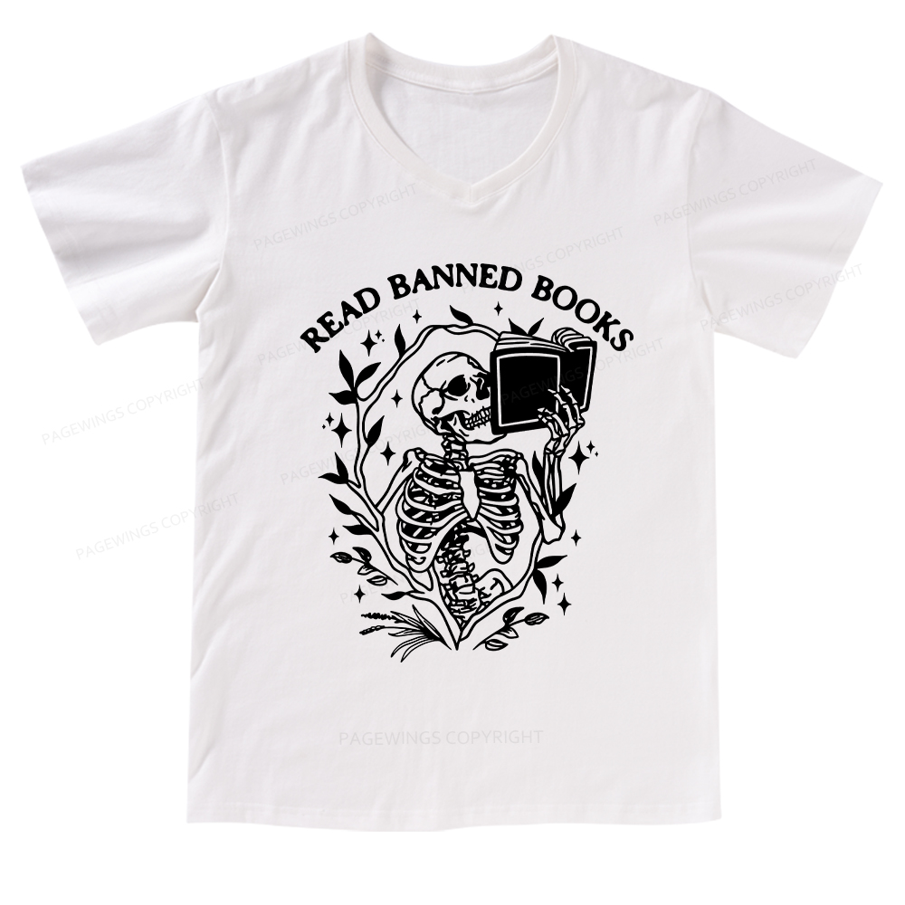 Pagewings Read Banned Books Skeleton Halloween Goth Protest T-Shirt V-neck T-shirt