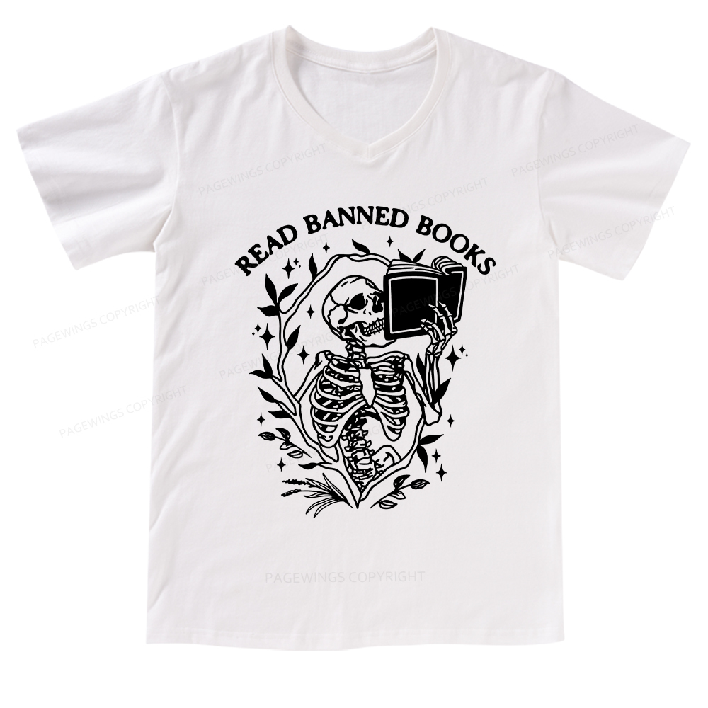 Pagewings Read Banned Books Skeleton Halloween Goth Protest T-Shirt V-neck T-shirt