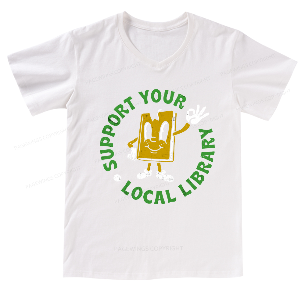 Pagewings Support Your Local Library Adult V-neck T-shirt