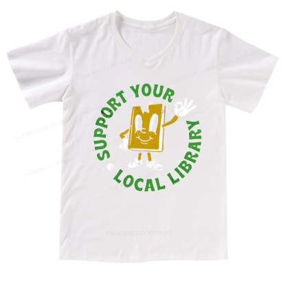 Pagewings Support Your Local Library Adult V-neck T-shirt 