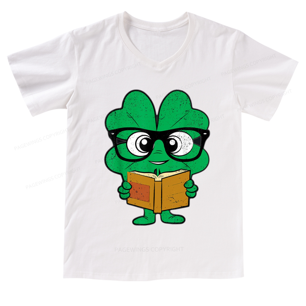 Pagewings Shamrock Reading Books St Patricks Day V-neck T-shirt