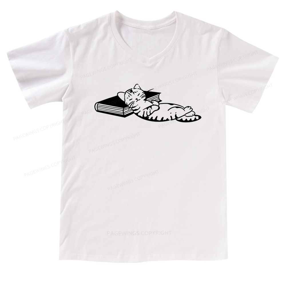 Pagewings A Cat Sleeping On The Book V-neck T-shirt