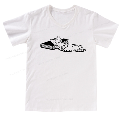 Pagewings A Cat Sleeping On The Book V-neck T-shirt