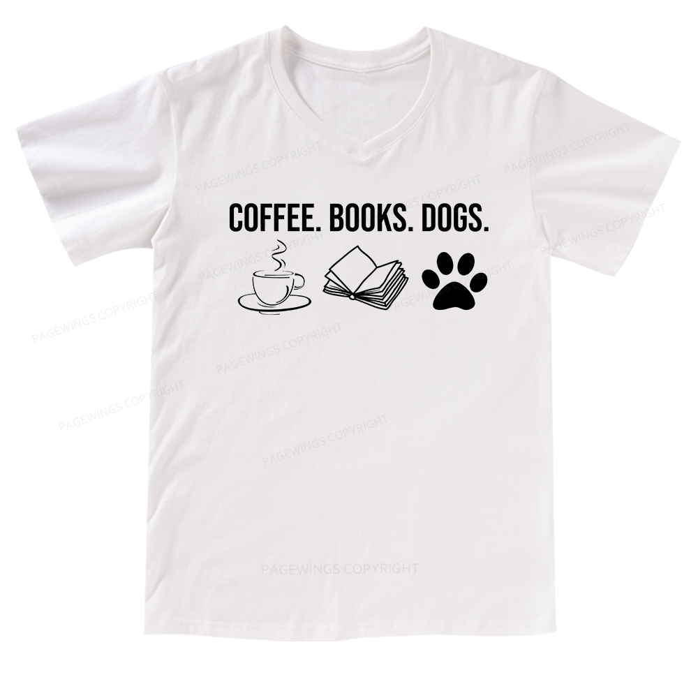 Pagewings Coffee Books and Dogs V-neck T-shirt