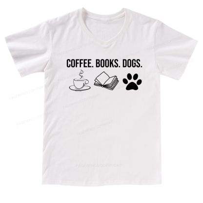 Pagewings Coffee Books and Dogs V-neck T-shirt