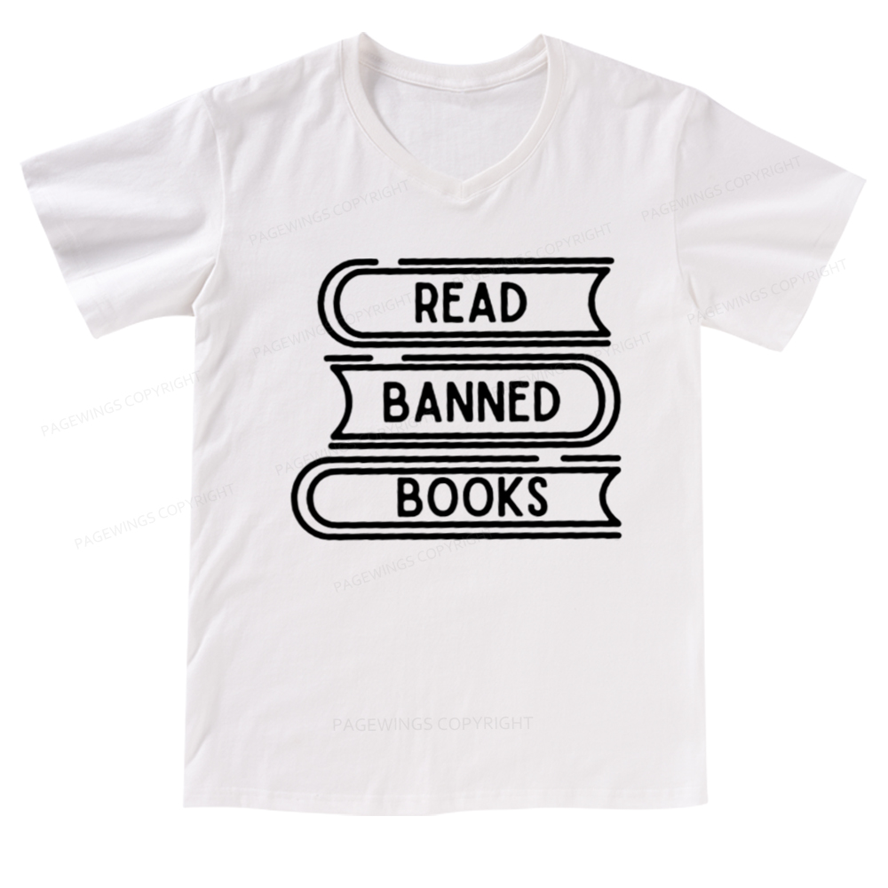 Pagewings Read Banned Books Stack V-neck T-shirt