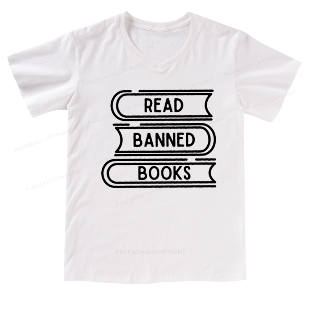 Pagewings Read Banned Books Stack V-neck T-shirt