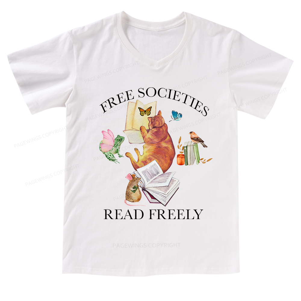 Pagewings Free societies read freely V-neck T-shirt