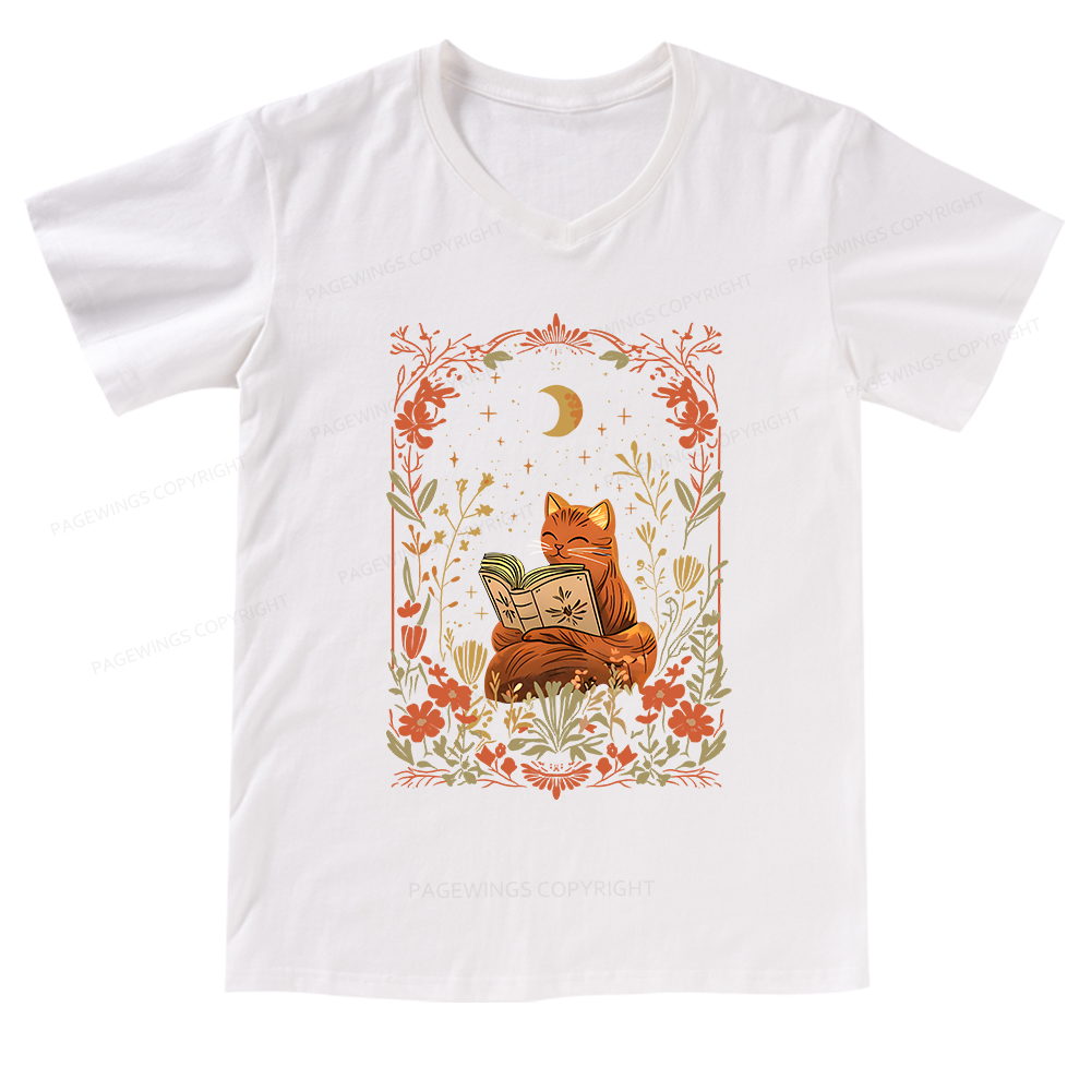 Pagewings Cat Wildflower Book Reading V-neck T-shirt