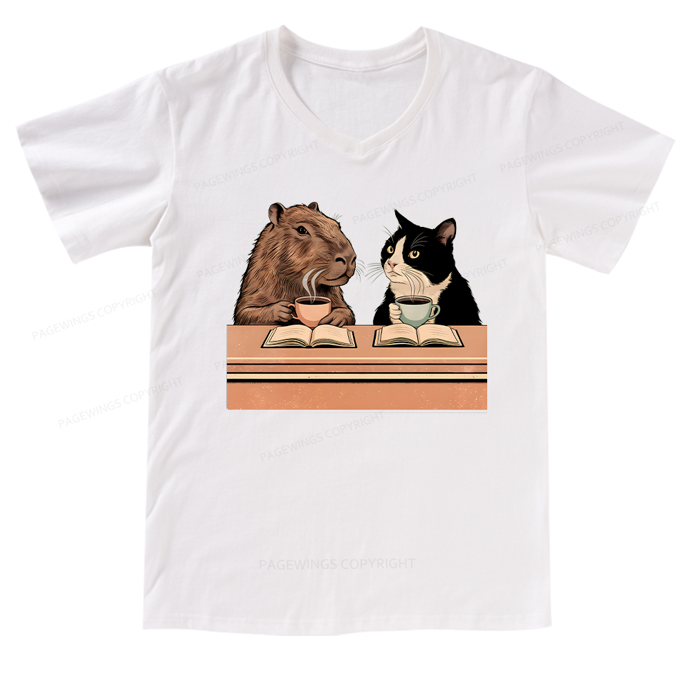 Pagewings Capybara and Tuxedo Cat Chilling with Coffee V-neck T-shirt