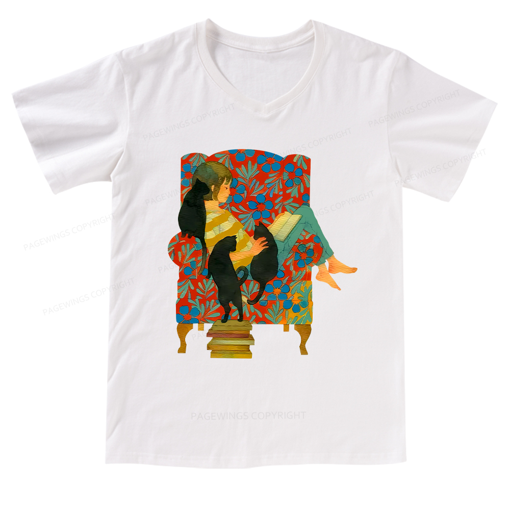 Pagewings A girl reading a book on the sofa V-neck T-shirt
