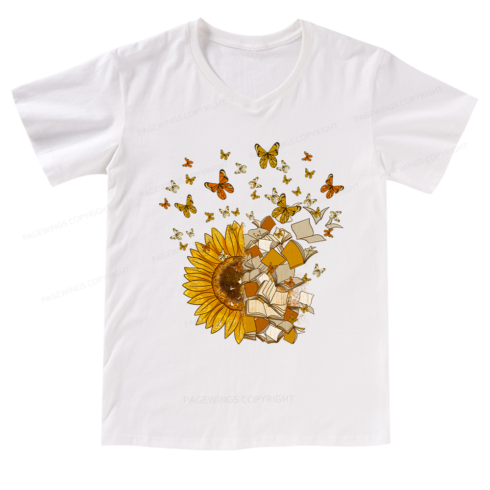 Pagewings Sunflower And Book Harmony V-neck T-shirt
