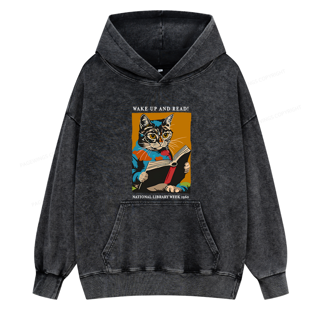 Pagewing Cat Reading Poster Unisex Washed Hoodie