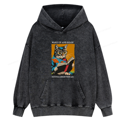 Pagewing Cat Reading Poster Unisex Washed Hoodie