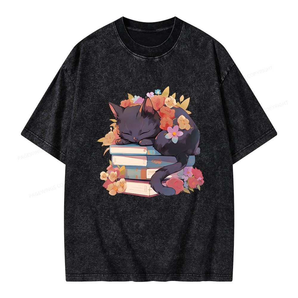 Pagewings Black Cat Sleeping on Books Unisex Washed T-shirt