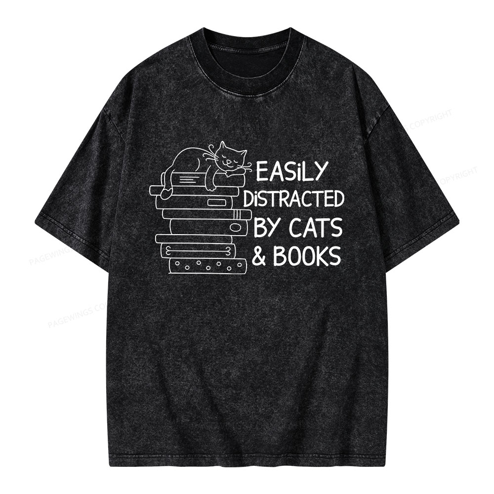 Pagewings Easily Distracted By Cats And Books Unisex Washed T-shirt