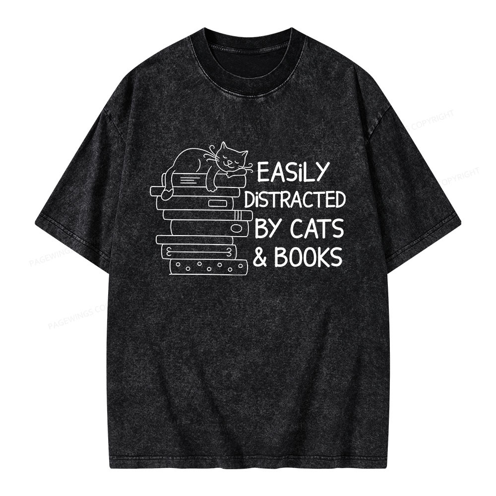 Pagewings Easily Distracted By Cats And Books Unisex Washed T-shirt