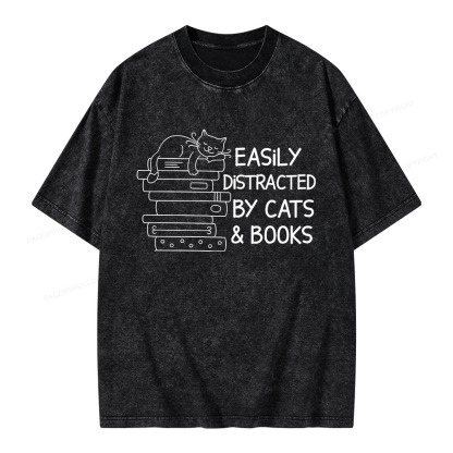 Pagewings Easily Distracted By Cats And Books Unisex Washed T-shirt
