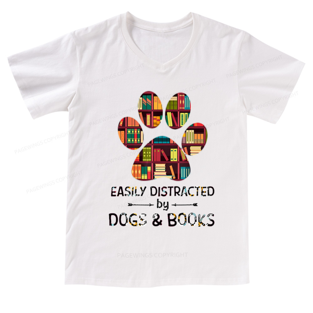 Pagewings Easily Distracted By Dogs And Books V-neck T-shirt